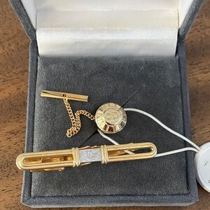 Dior Gold and Silver Tie Clip and Dior Gold Tie Pin with Chain in the box